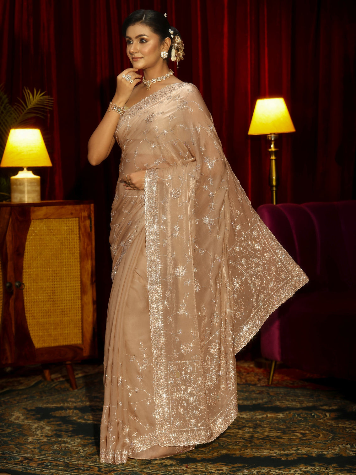 Mameraa Art Taupe Stone Work Embellished Tissue Saree
