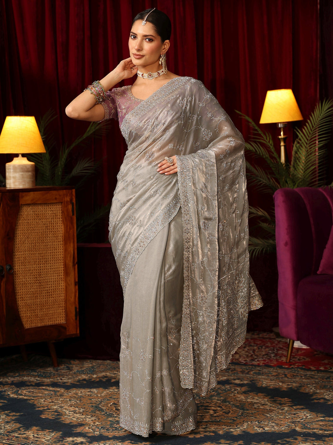 Mameraa Art Grey Floral Bead Embellished Tissue Saree