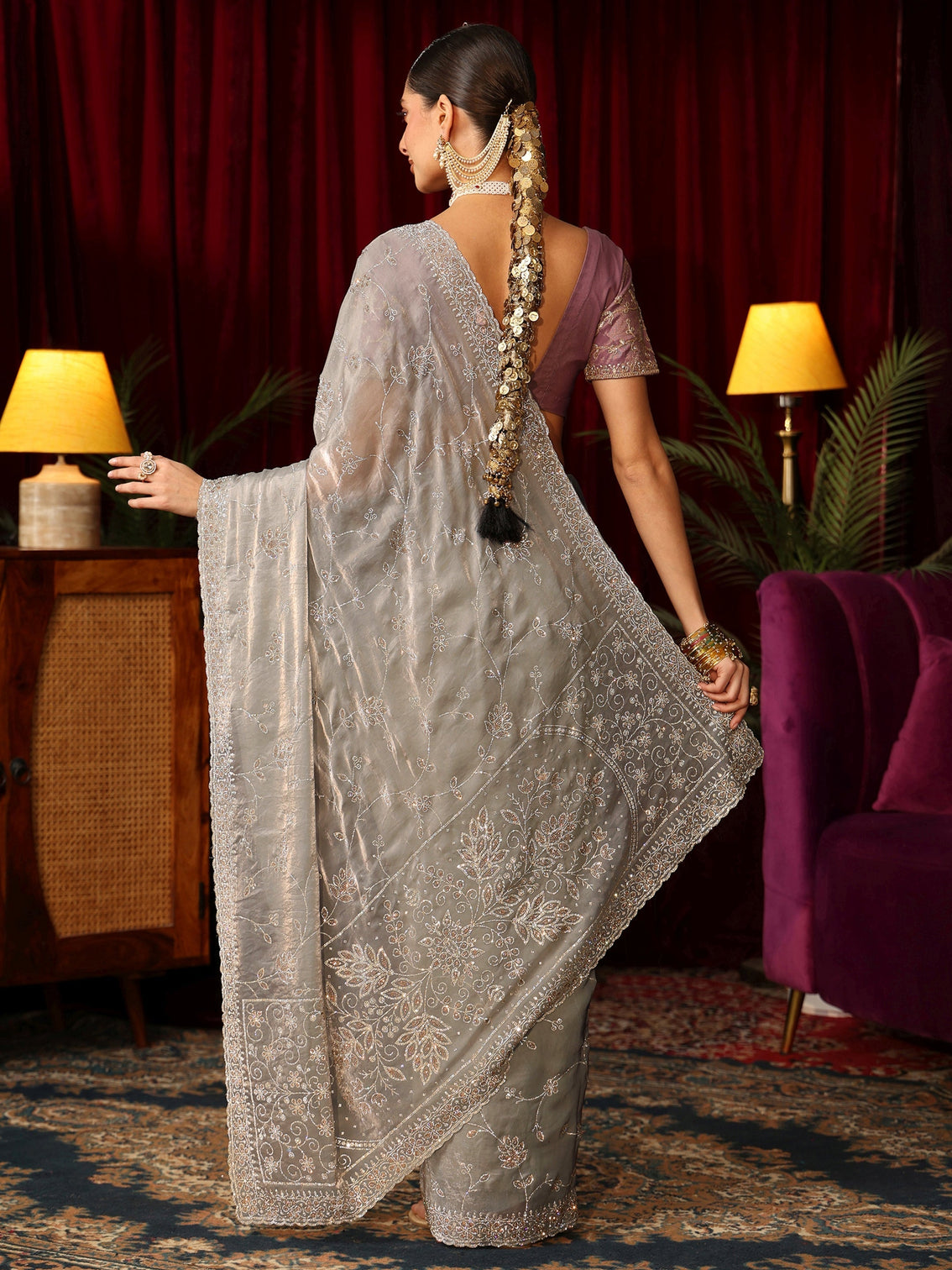 Mameraa Art Grey Floral Bead Embellished Tissue Saree