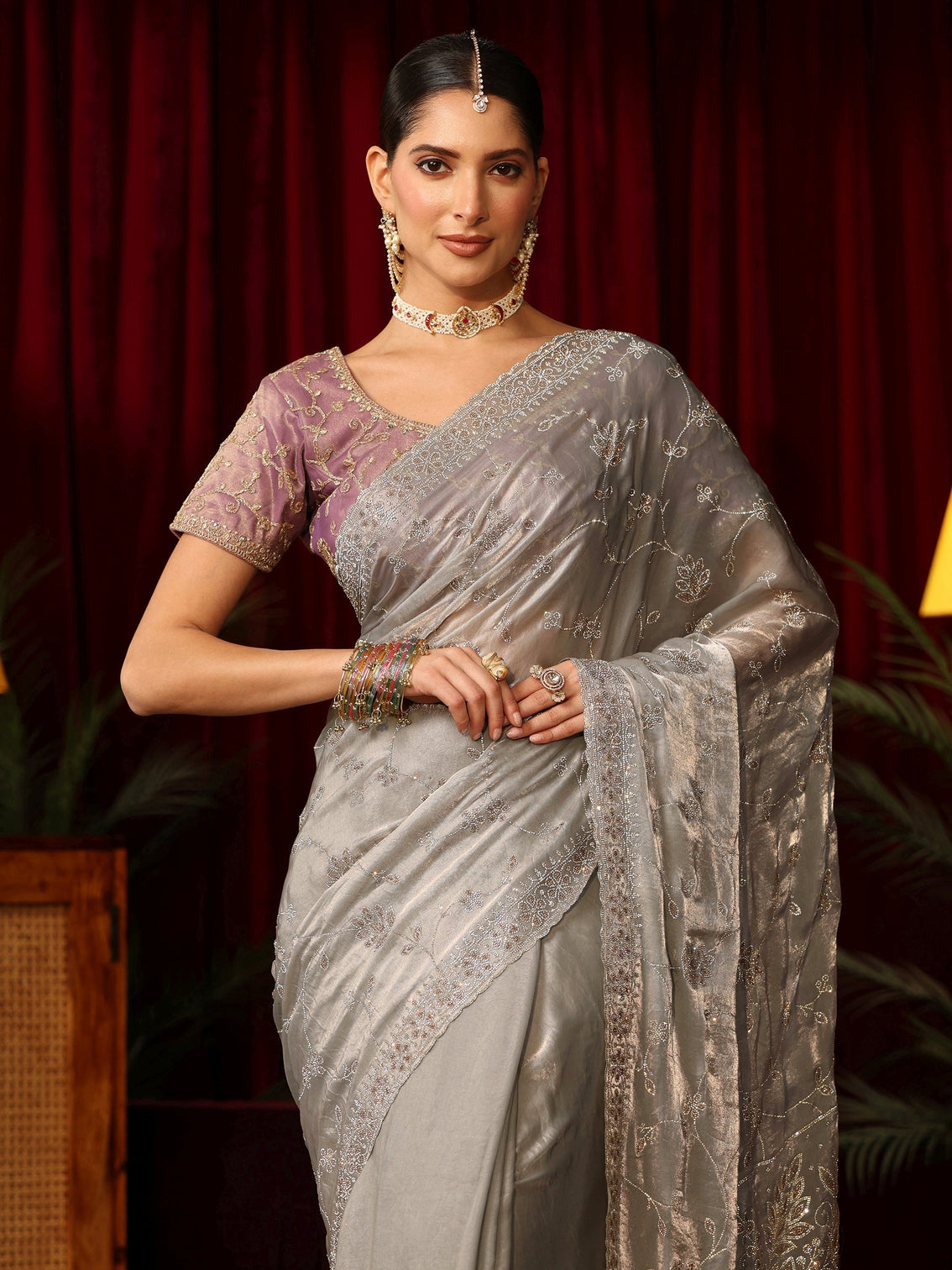 Mameraa Art Grey Floral Bead Embellished Tissue Saree