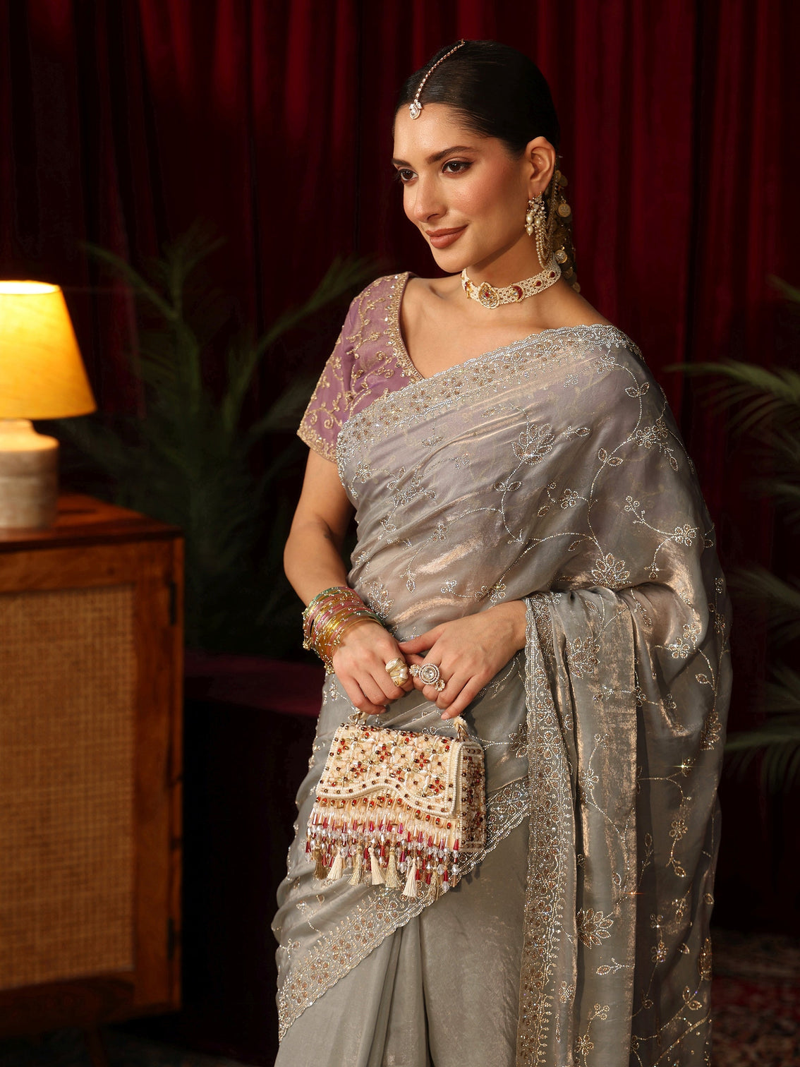 Mameraa Art Grey Floral Bead Embellished Tissue Saree