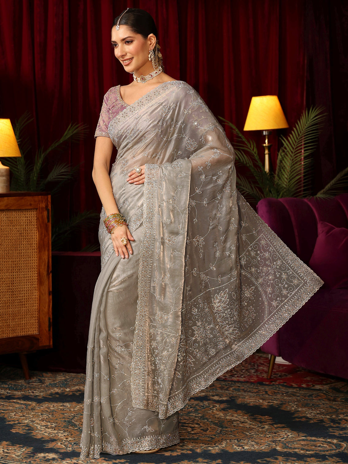 Mameraa Art Grey Floral Bead Embellished Tissue Saree