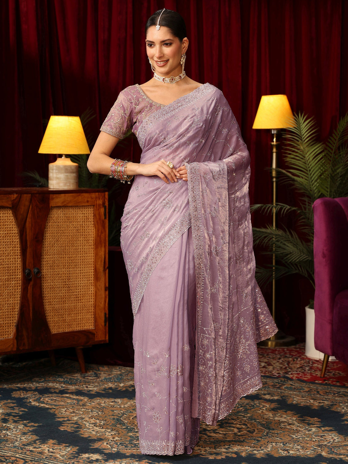 Mameraa Art Lavender Floral Bead Embellished Tissue Saree
