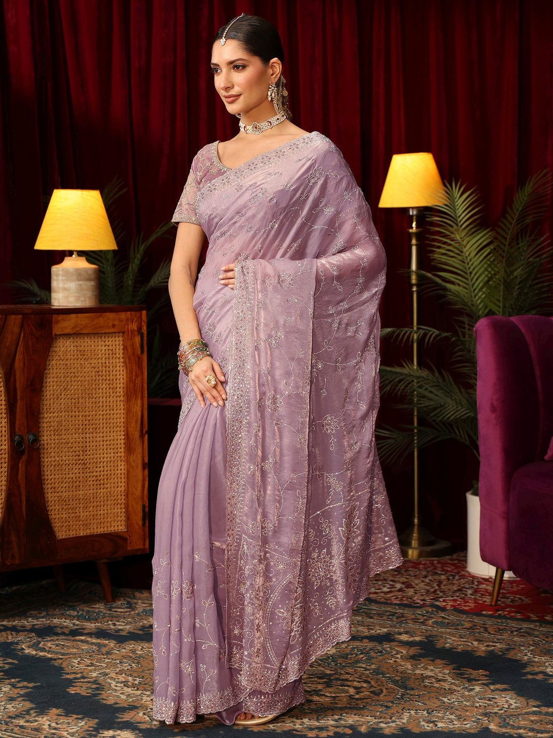 Mameraa Art Lavender Floral Bead Embellished Tissue Saree