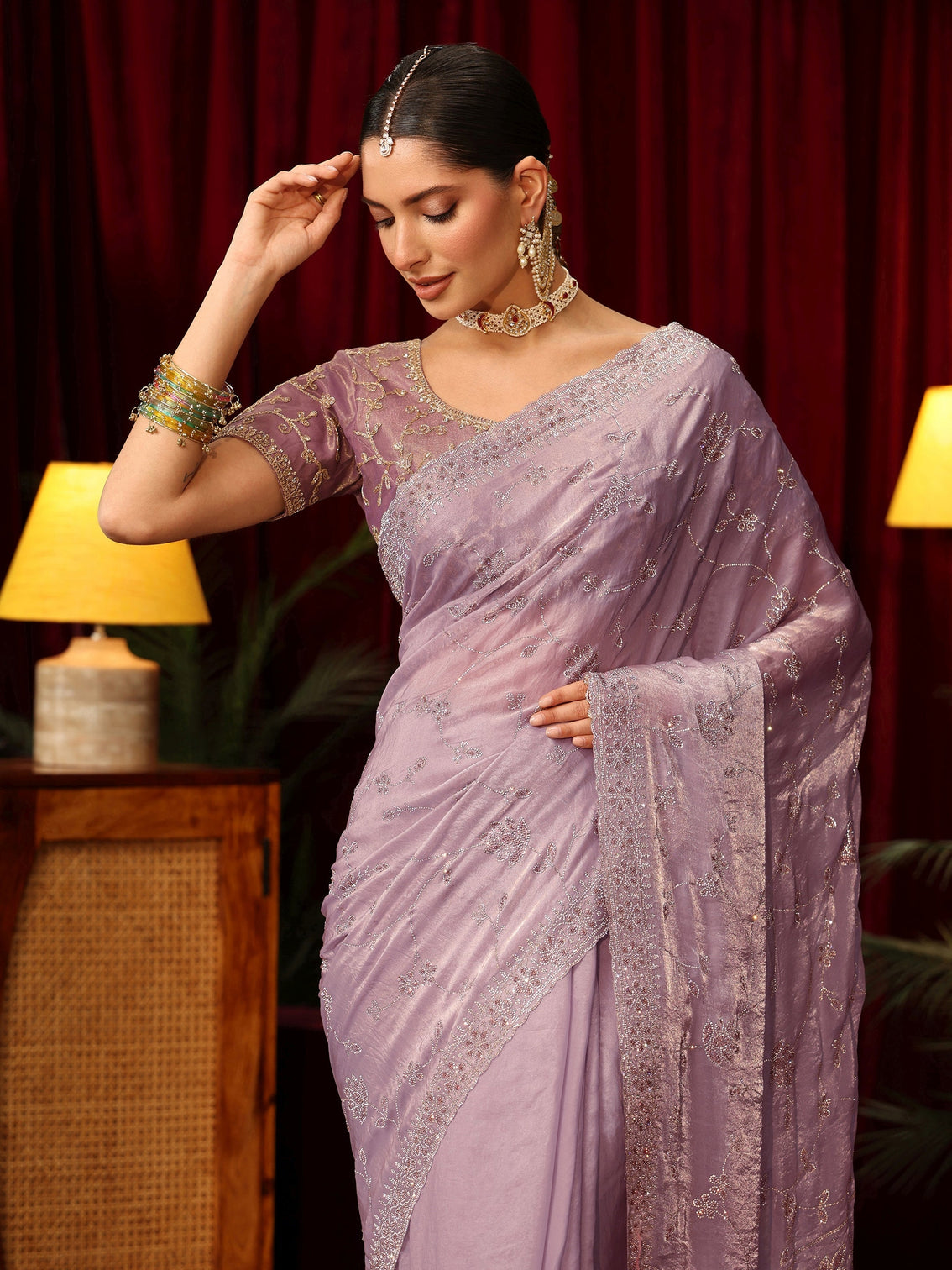Mameraa Art Lavender Floral Bead Embellished Tissue Saree