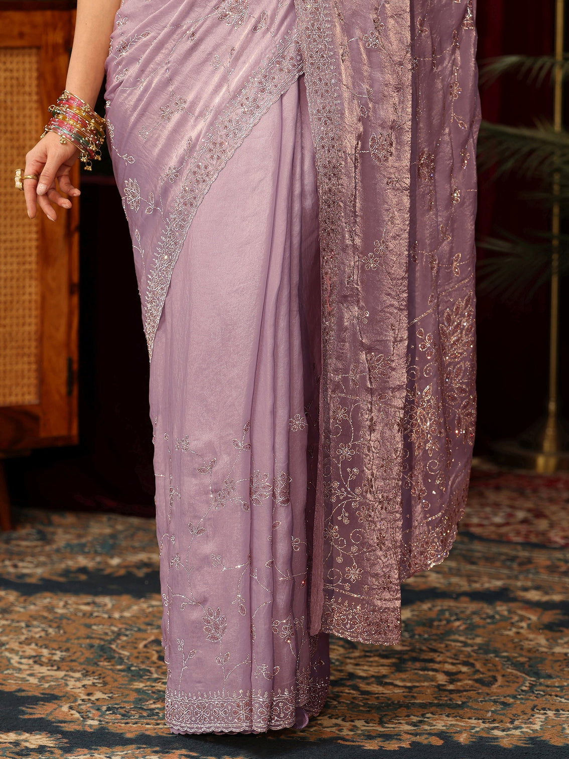 Mameraa Art Lavender Floral Bead Embellished Tissue Saree