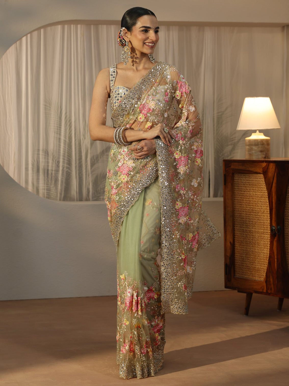 Mameraa Art Pista Green Floral Embellished Net Saree