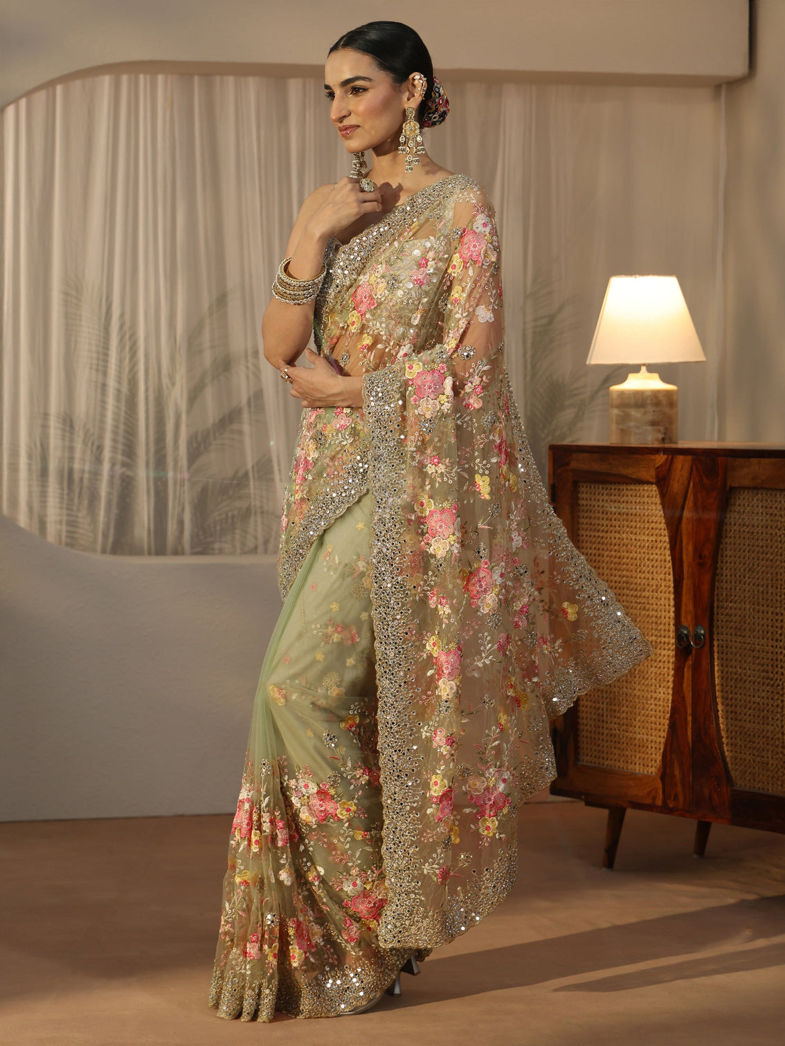 Mameraa Art Pista Green Floral Embellished Net Saree