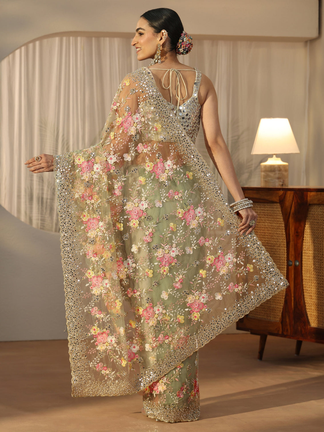 Mameraa Art Pista Green Floral Embellished Net Saree