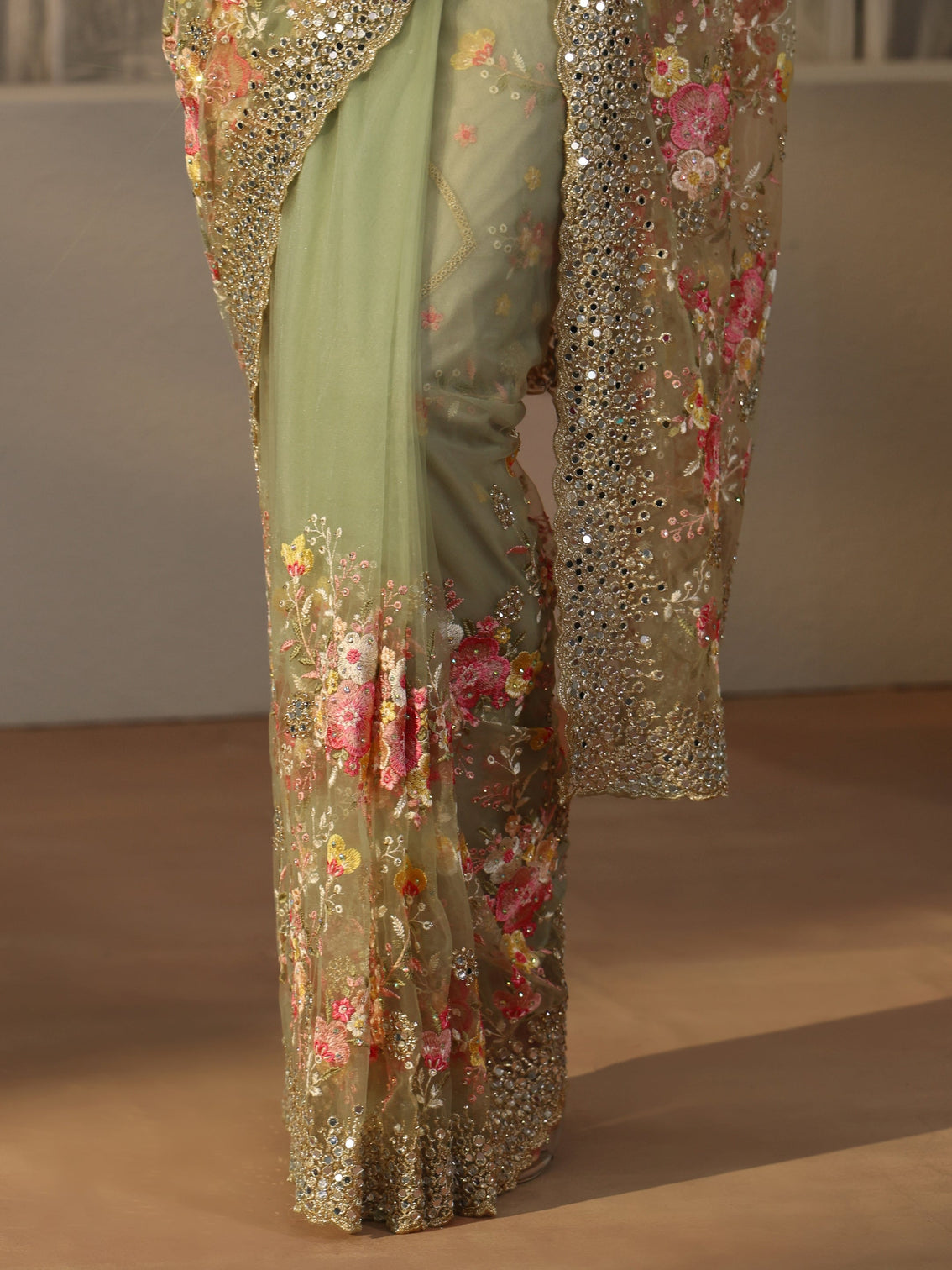 Mameraa Art Pista Green Floral Embellished Net Saree