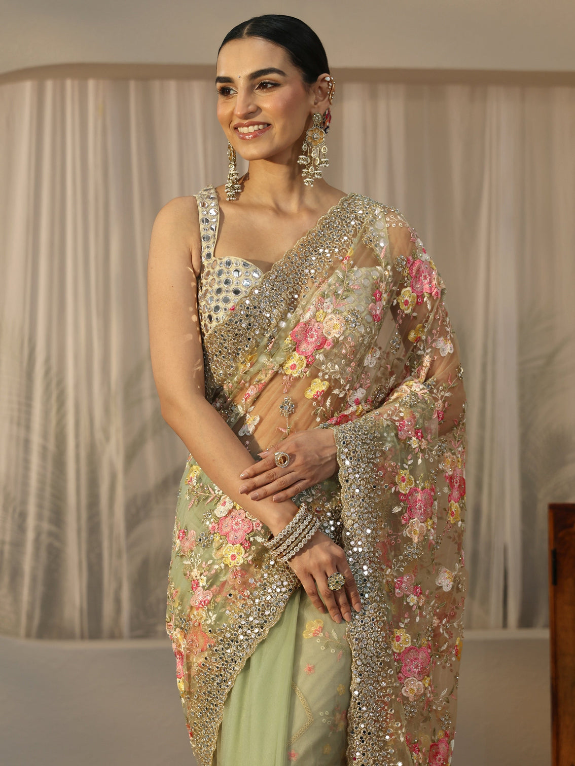 Mameraa Art Pista Green Floral Embellished Net Saree
