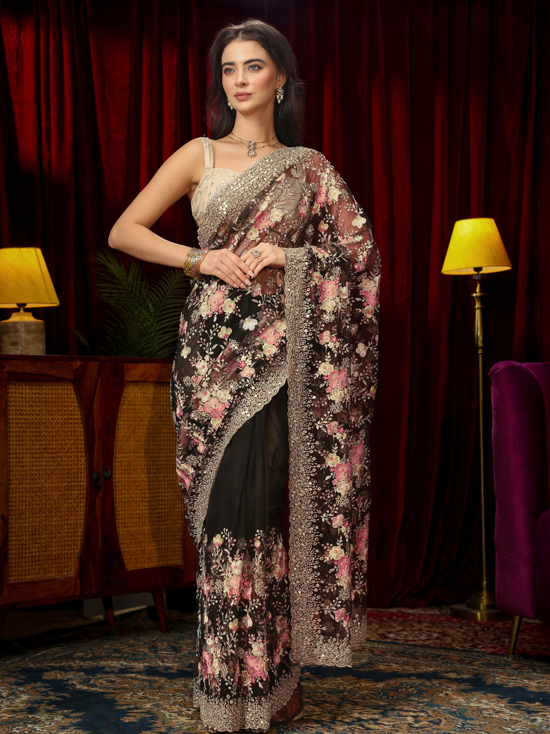 Mameraa Art Black Floral Embroidered Net Saree with Mirror Work Border