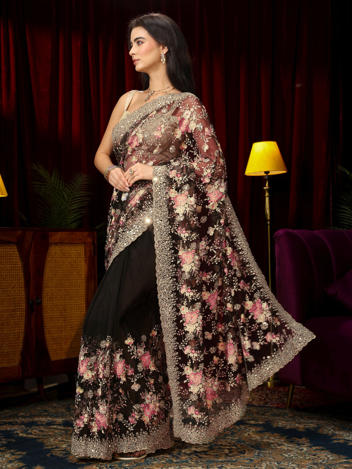 Mameraa Art Black Floral Embroidered Net Saree with Mirror Work Border