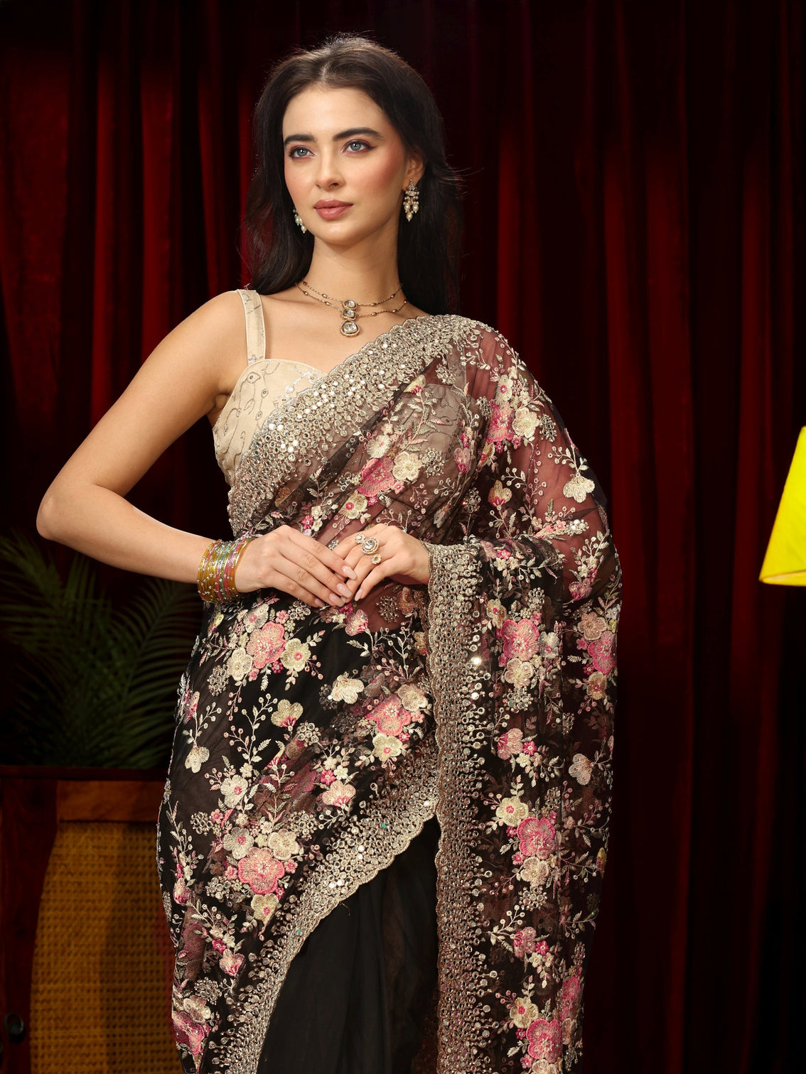 Mameraa Art Black Floral Embroidered Net Saree with Mirror Work Border