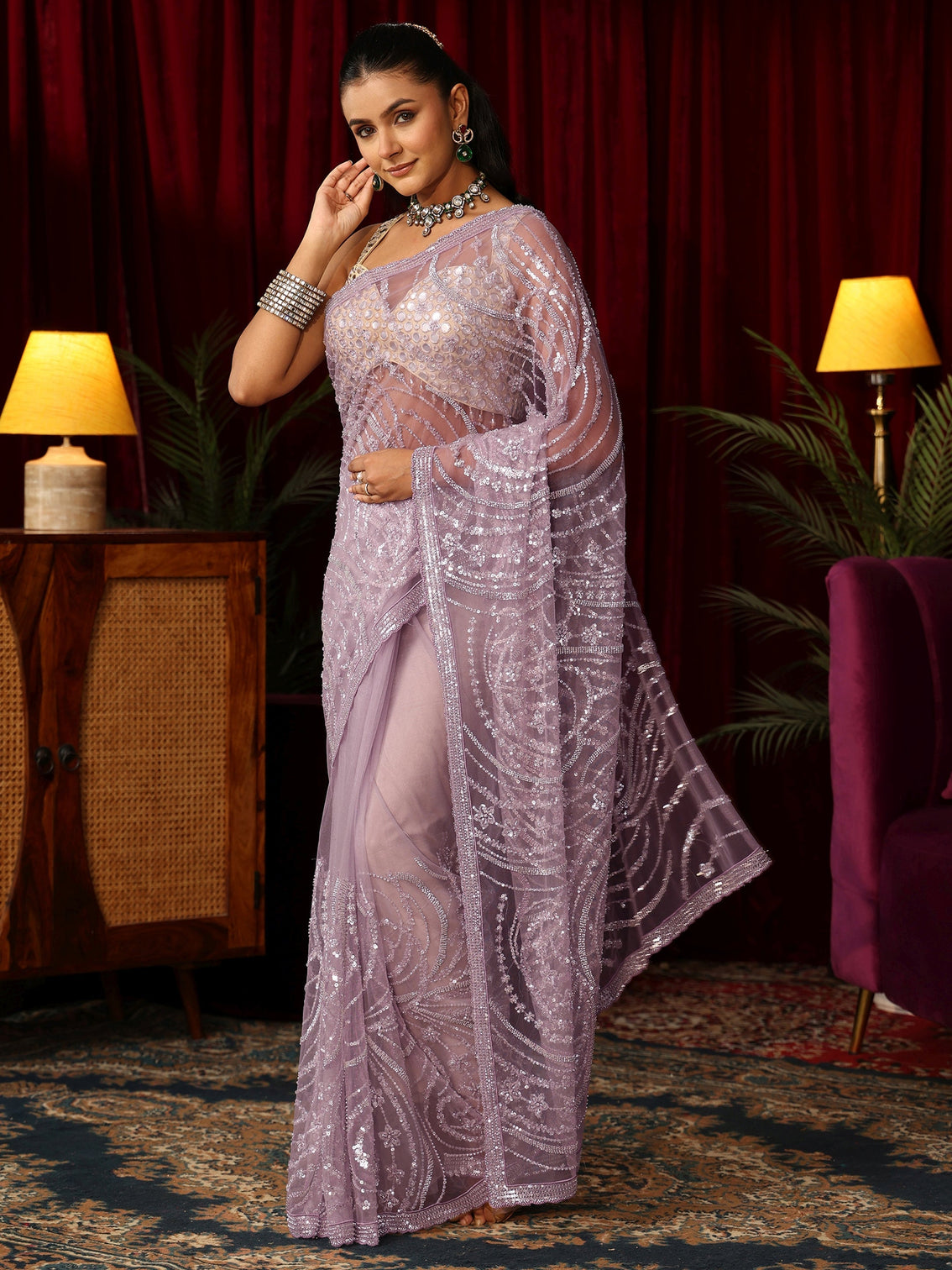 Mameraa Art Lavender Sequin Embellished Net Saree