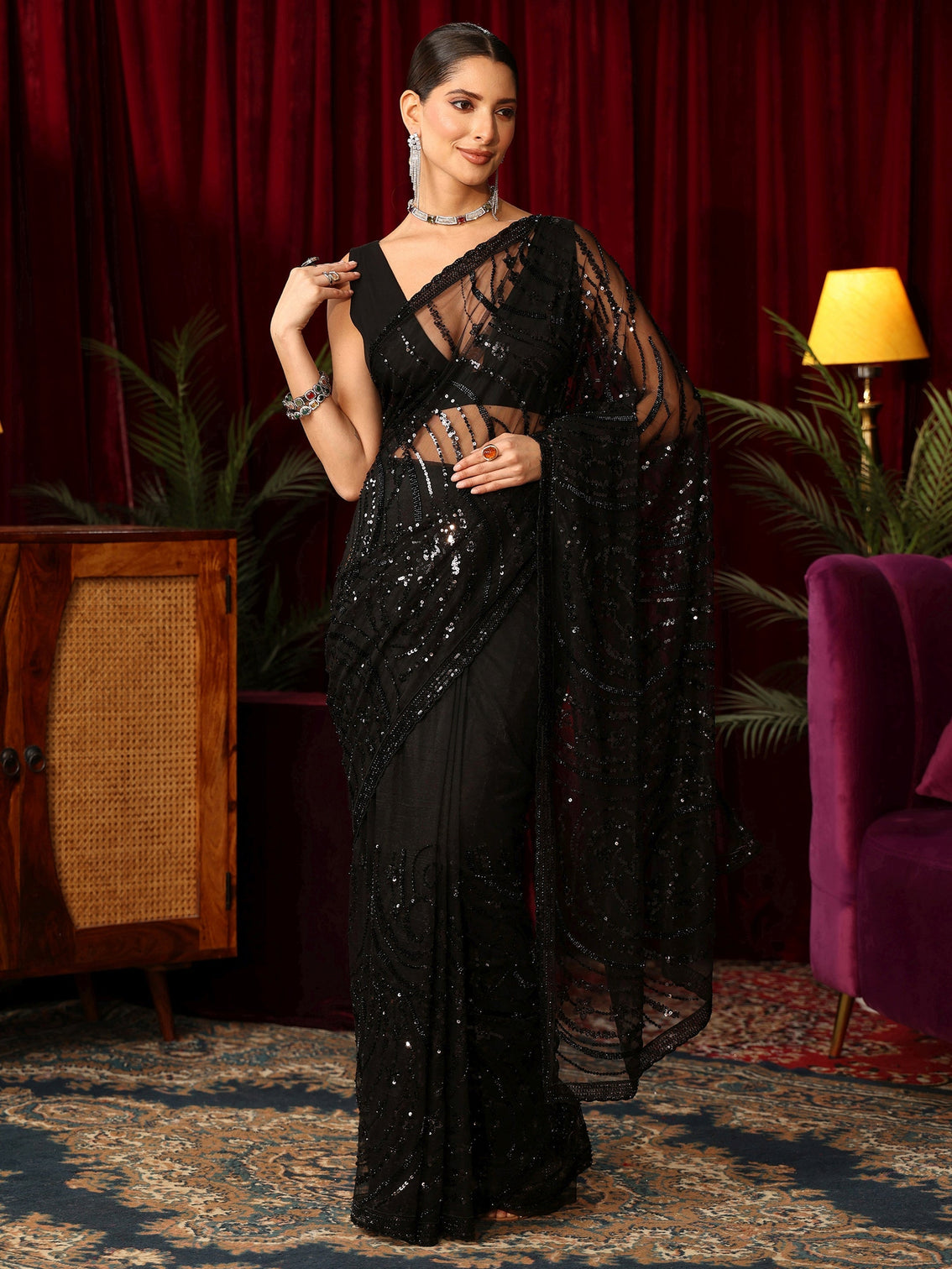 Mameraa Art Black Sequin Embellished Net Saree