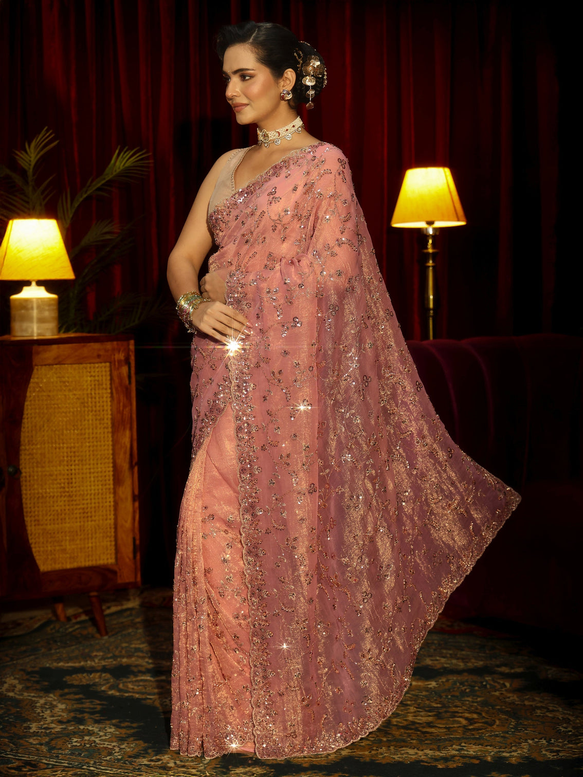 Mameraa Art Peach Pink Floral Embellished Tissue Saree