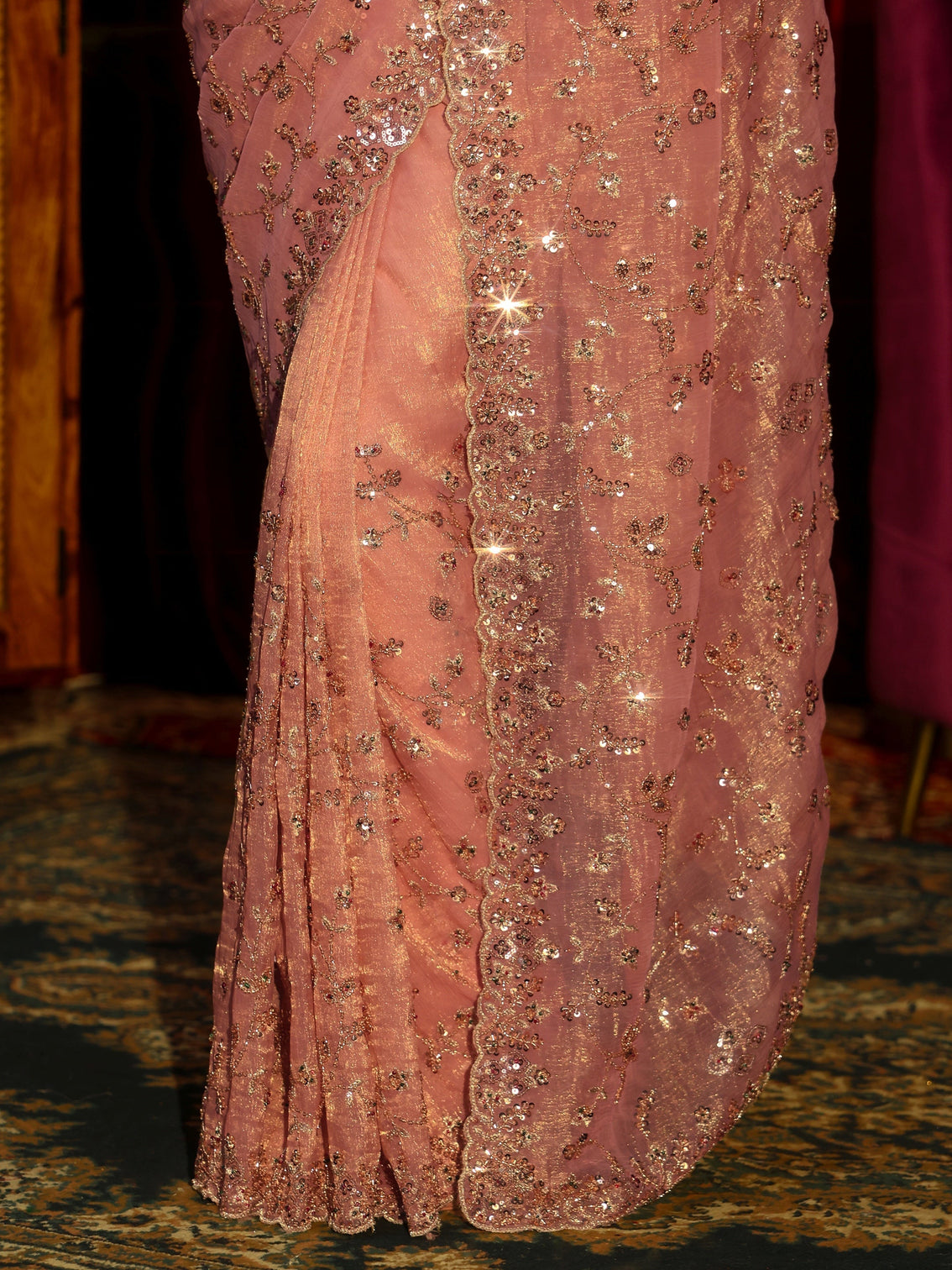 Mameraa Art Peach Pink Floral Embellished Tissue Saree