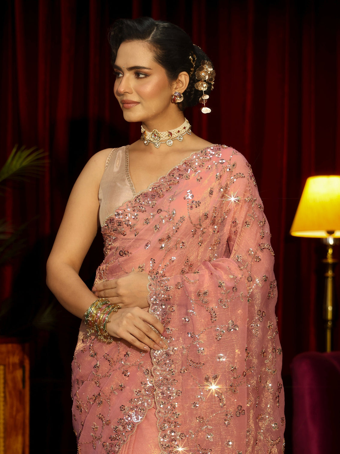 Mameraa Art Peach Pink Floral Embellished Tissue Saree