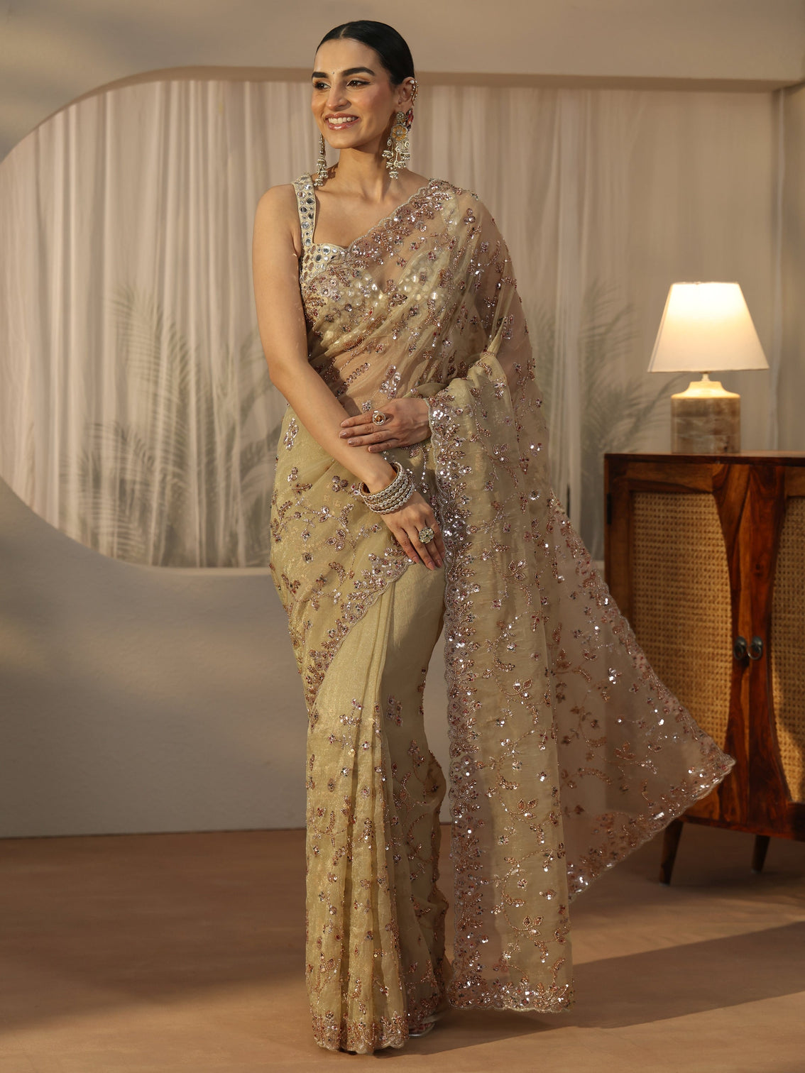 Mameraa Art Sage Green Sequin Embellished Tissue Saree