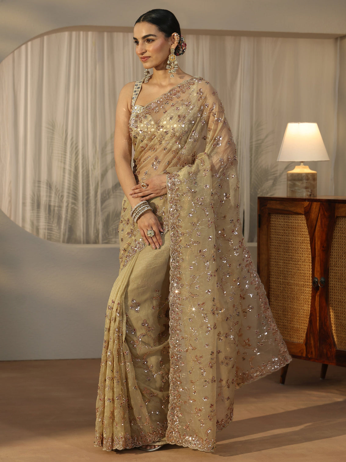 Mameraa Art Sage Green Sequin Embellished Tissue Saree
