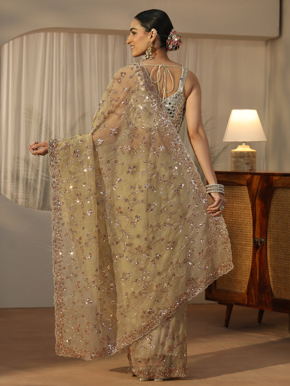 Mameraa Art Sage Green Sequin Embellished Tissue Saree