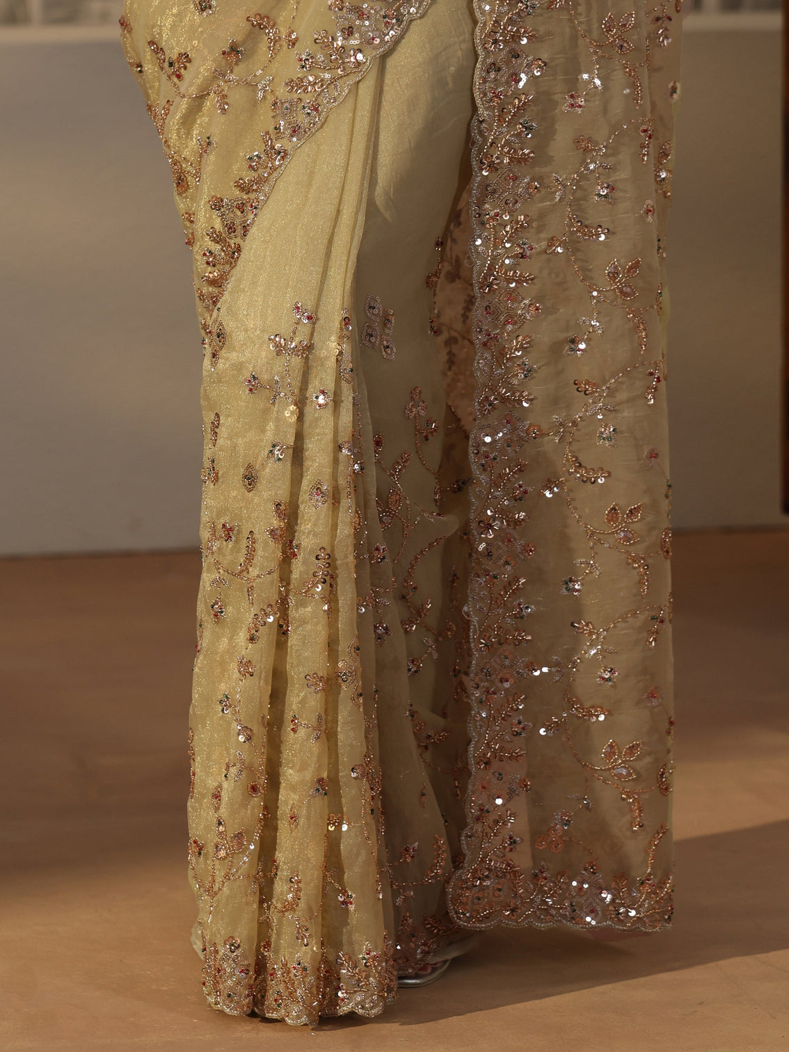 Mameraa Art Sage Green Sequin Embellished Tissue Saree