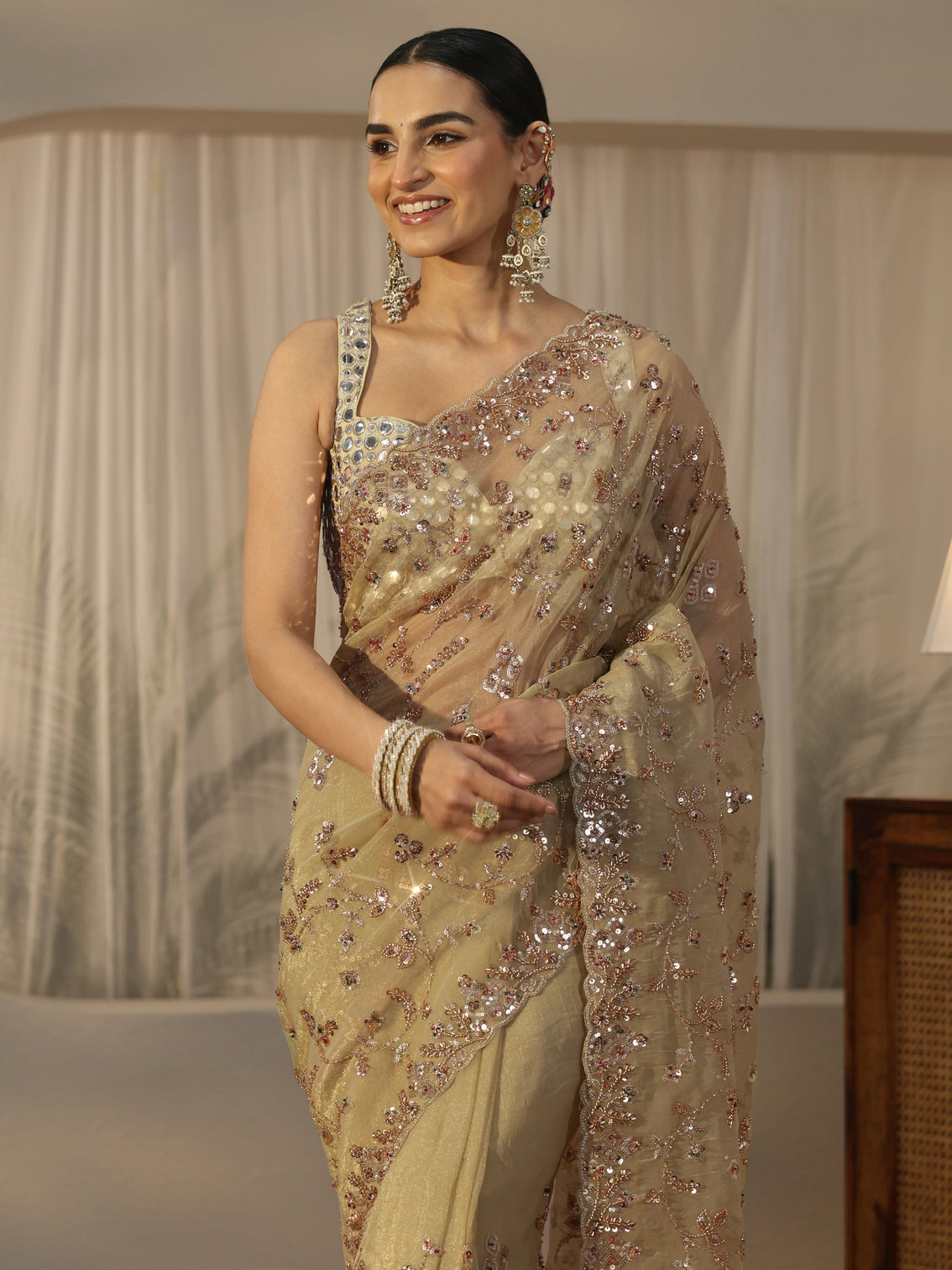 Mameraa Art Sage Green Sequin Embellished Tissue Saree