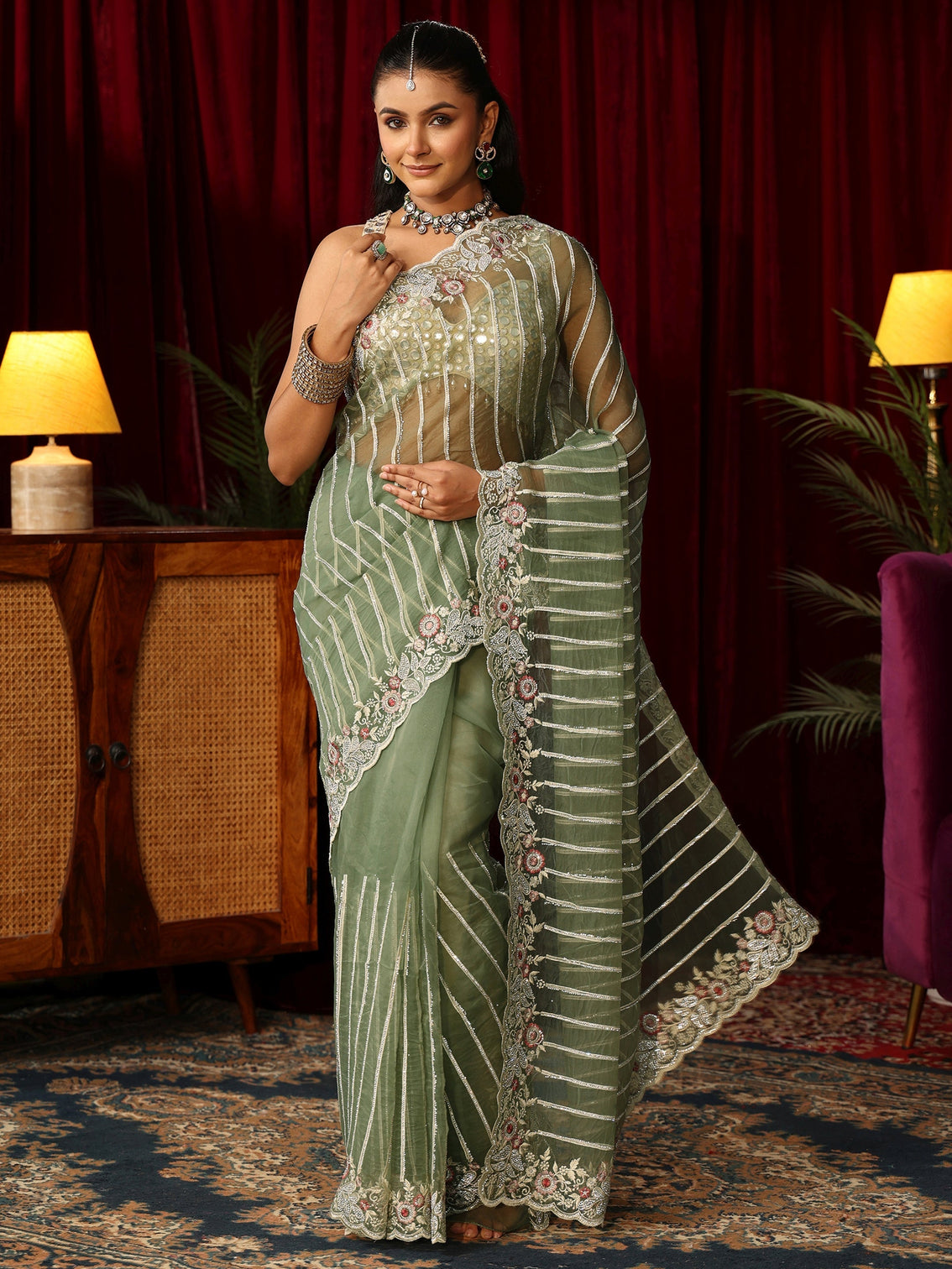 Mameraa Art Green Gota Striped Tissue Saree with Embroidered Border