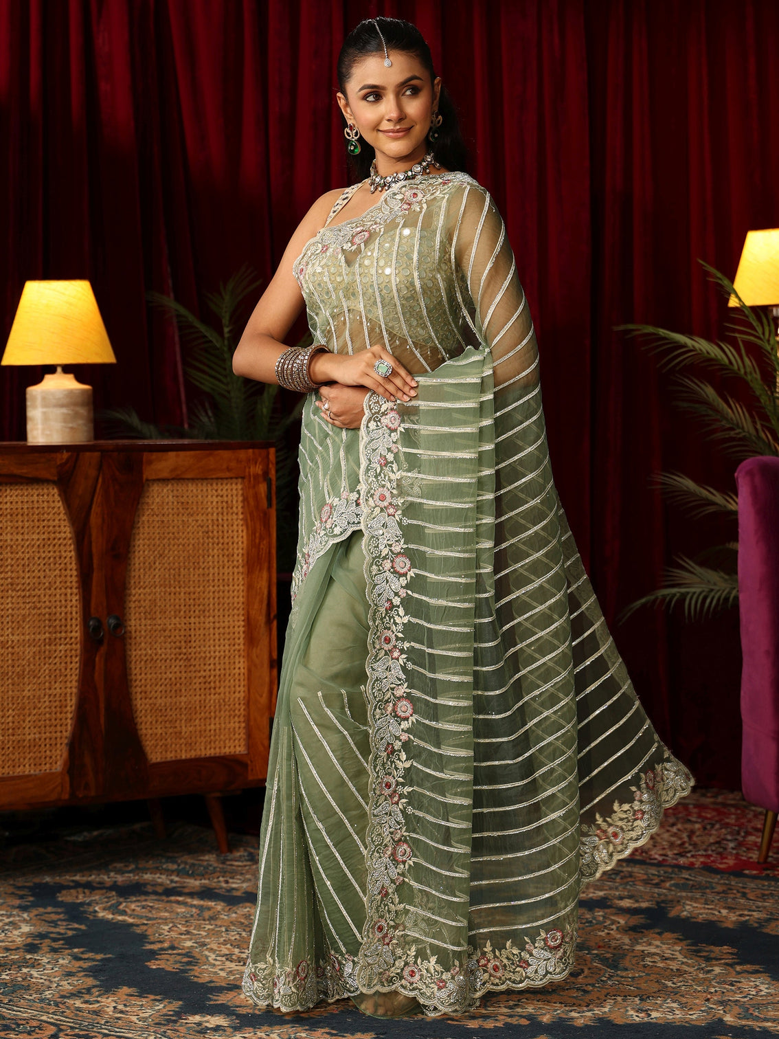 Mameraa Art Green Gota Striped Tissue Saree with Embroidered Border