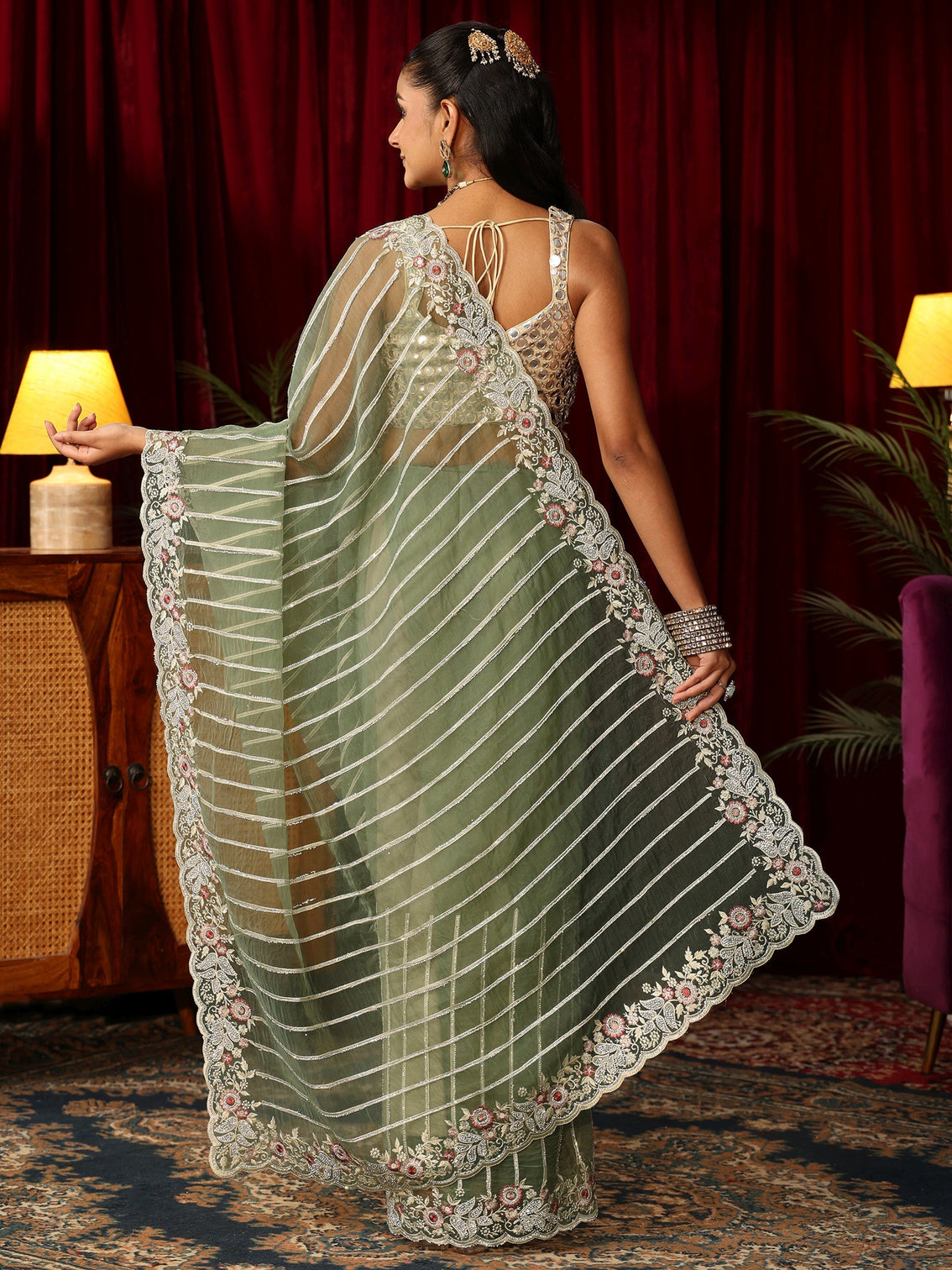 Mameraa Art Green Gota Striped Tissue Saree with Embroidered Border