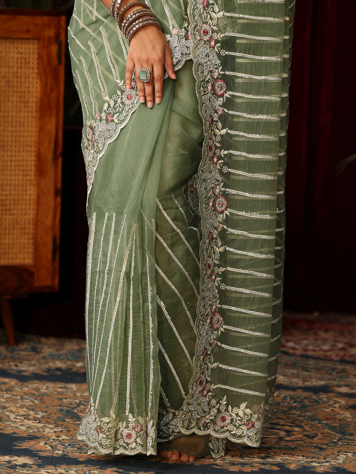 Mameraa Art Green Gota Striped Tissue Saree with Embroidered Border