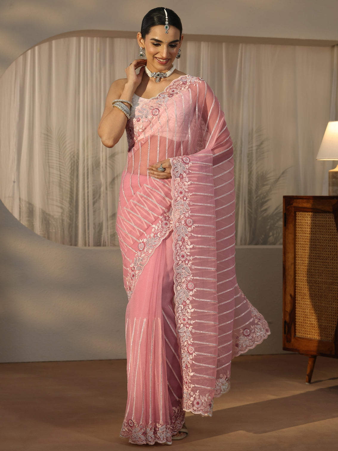 Mameraa Art Pink Striped Tissue Saree with Embellished Border