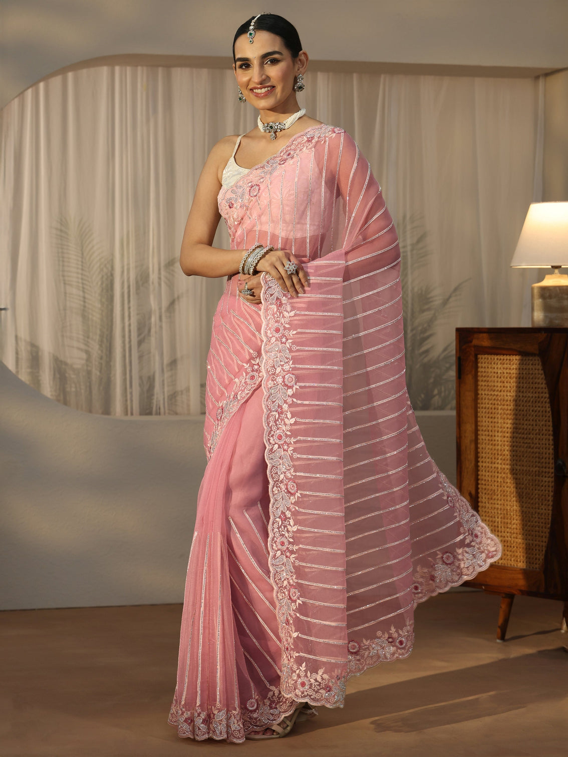 Mameraa Art Pink Striped Tissue Saree with Embellished Border