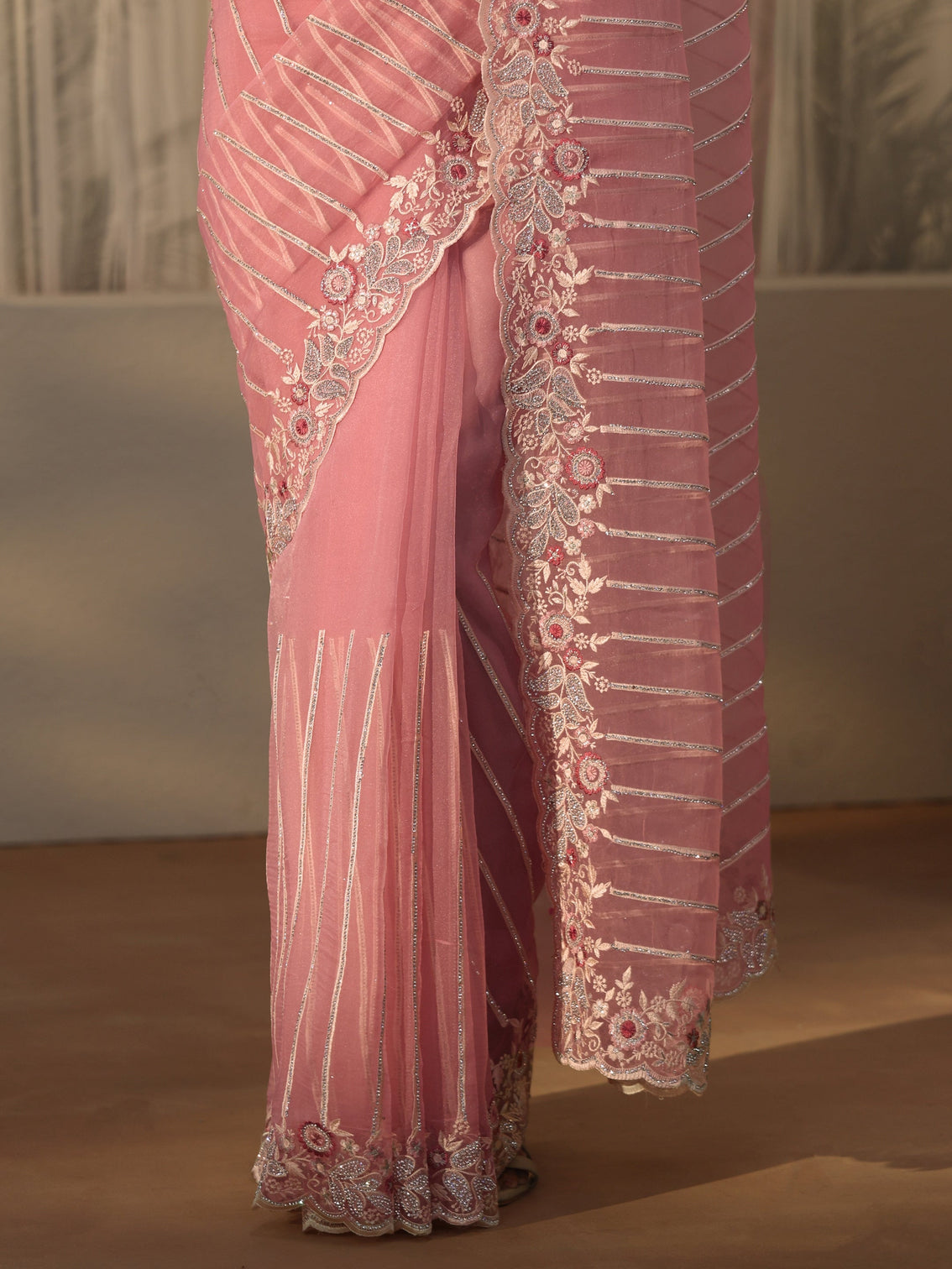 Mameraa Art Pink Striped Tissue Saree with Embellished Border