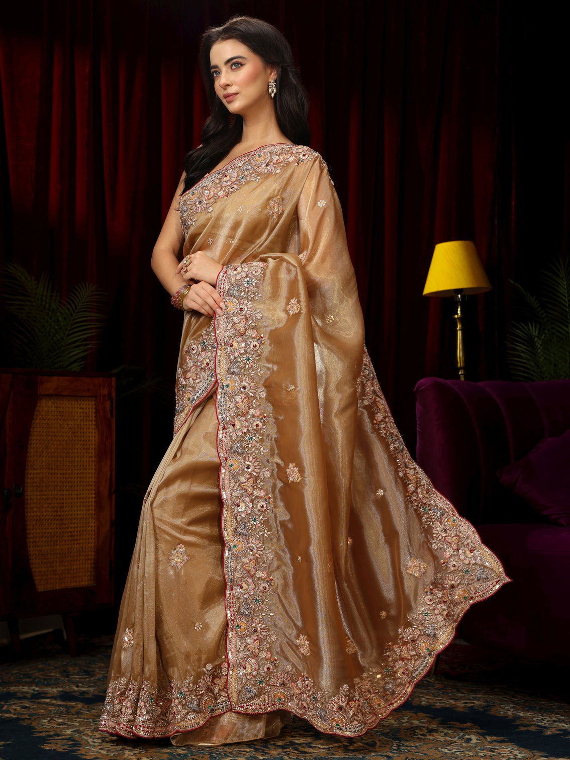 Mameraa Art Taupe Brown Sequin Tissue Saree with Floral Embroidered Border
