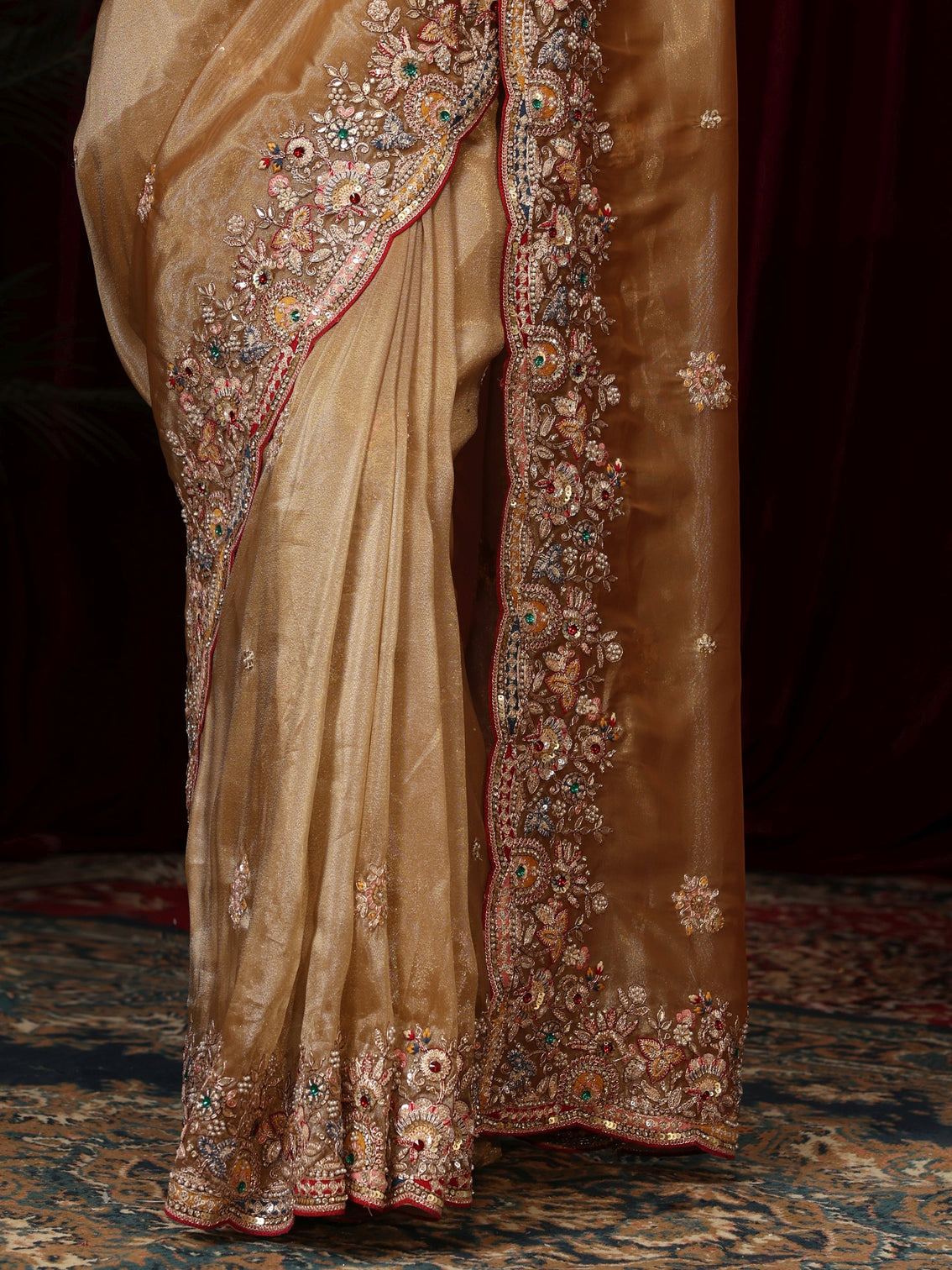 Mameraa Art Taupe Brown Sequin Tissue Saree with Floral Embroidered Border