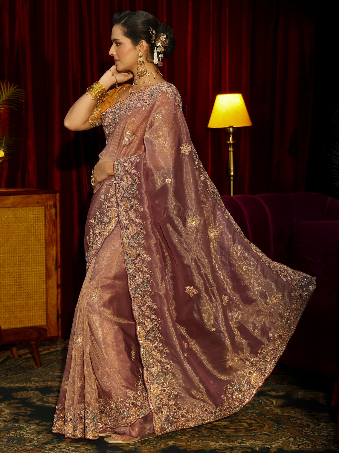 Mameraa Art Peach Pink Floral Embroidered Tissue Saree