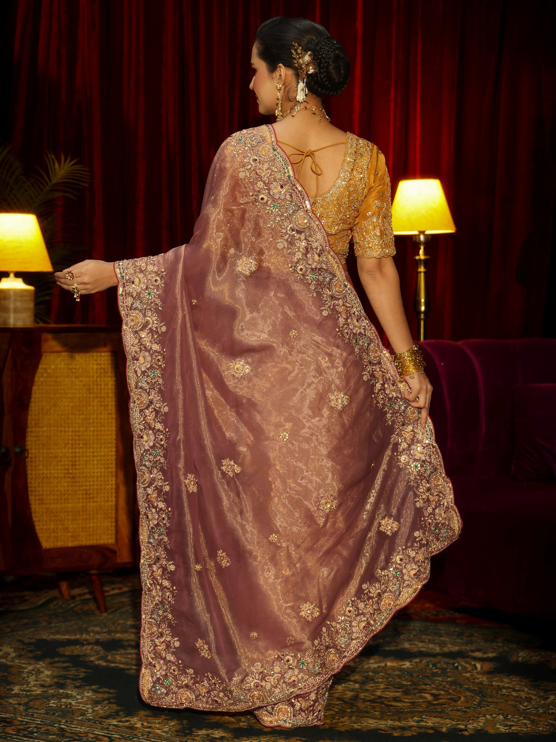 Mameraa Art Peach Pink Floral Embroidered Tissue Saree