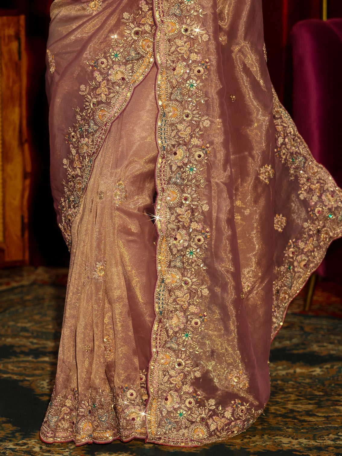 Mameraa Art Peach Pink Floral Embroidered Tissue Saree