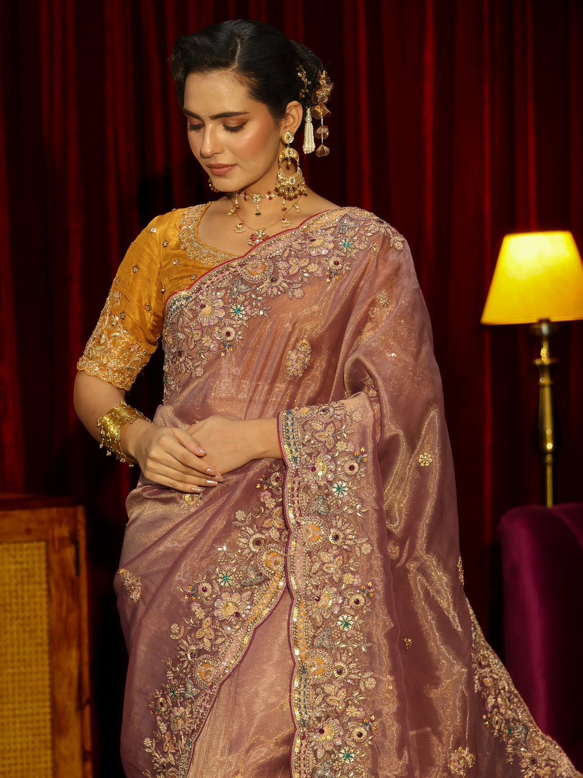 Mameraa Art Peach Pink Floral Embroidered Tissue Saree