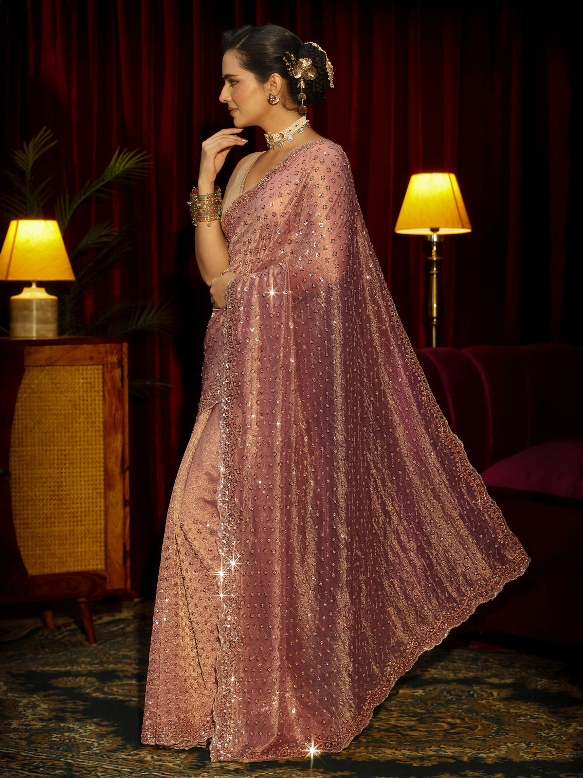 Mameraa Art Rose Pink Stone Work Embellished Tisue Saree