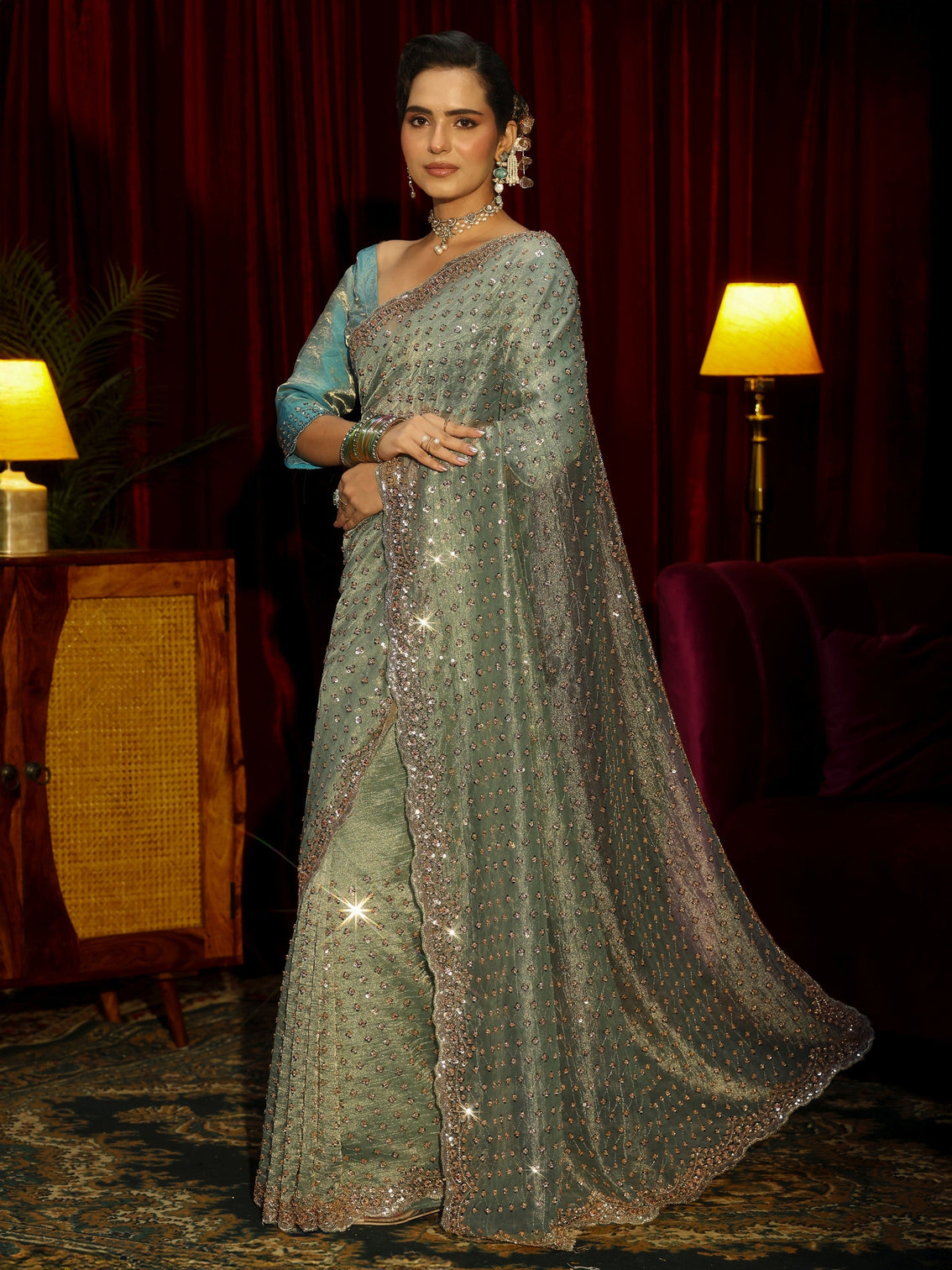 Mameraa Art Green Stone Work Embellished Tissue Saree