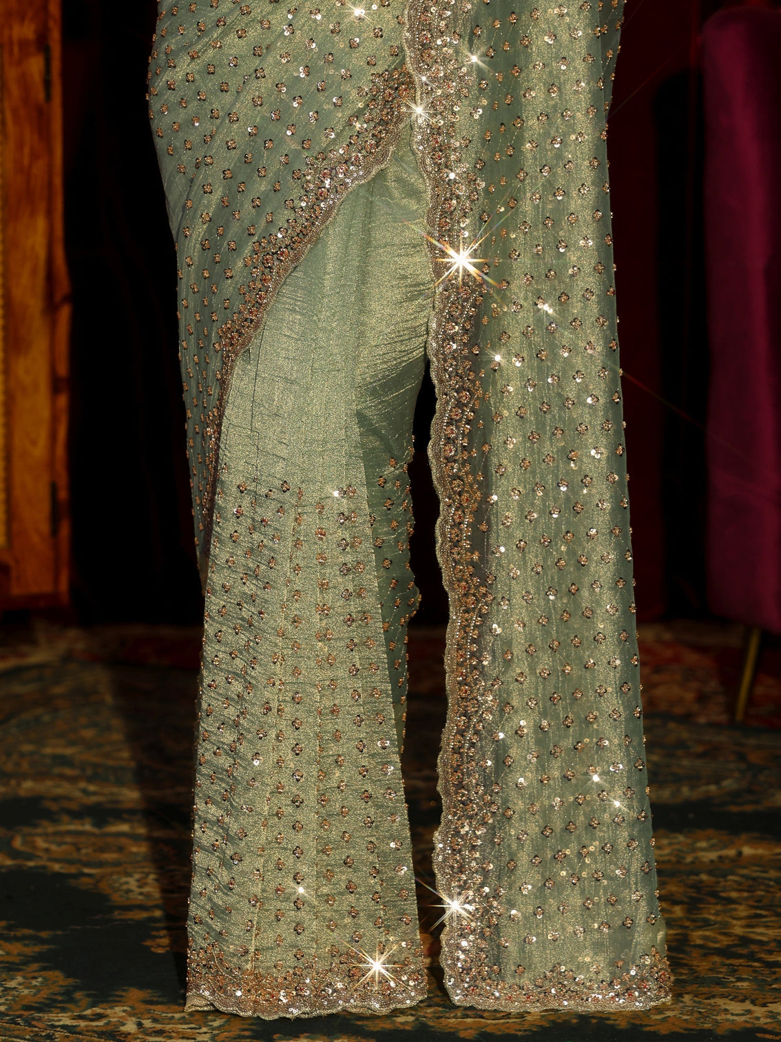 Mameraa Art Green Stone Work Embellished Tissue Saree