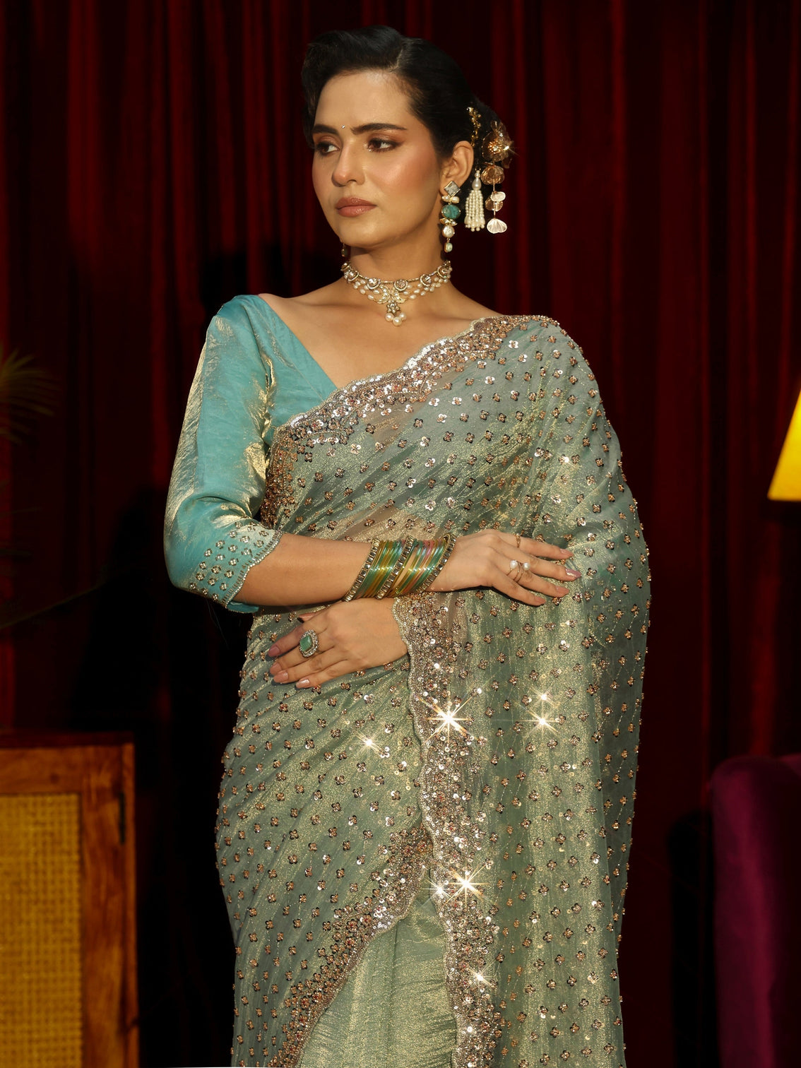 Mameraa Art Green Stone Work Embellished Tissue Saree