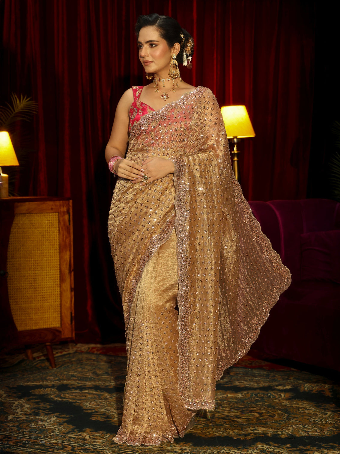 Mameraa Art Mustard Floral Embellished Tissue Saree