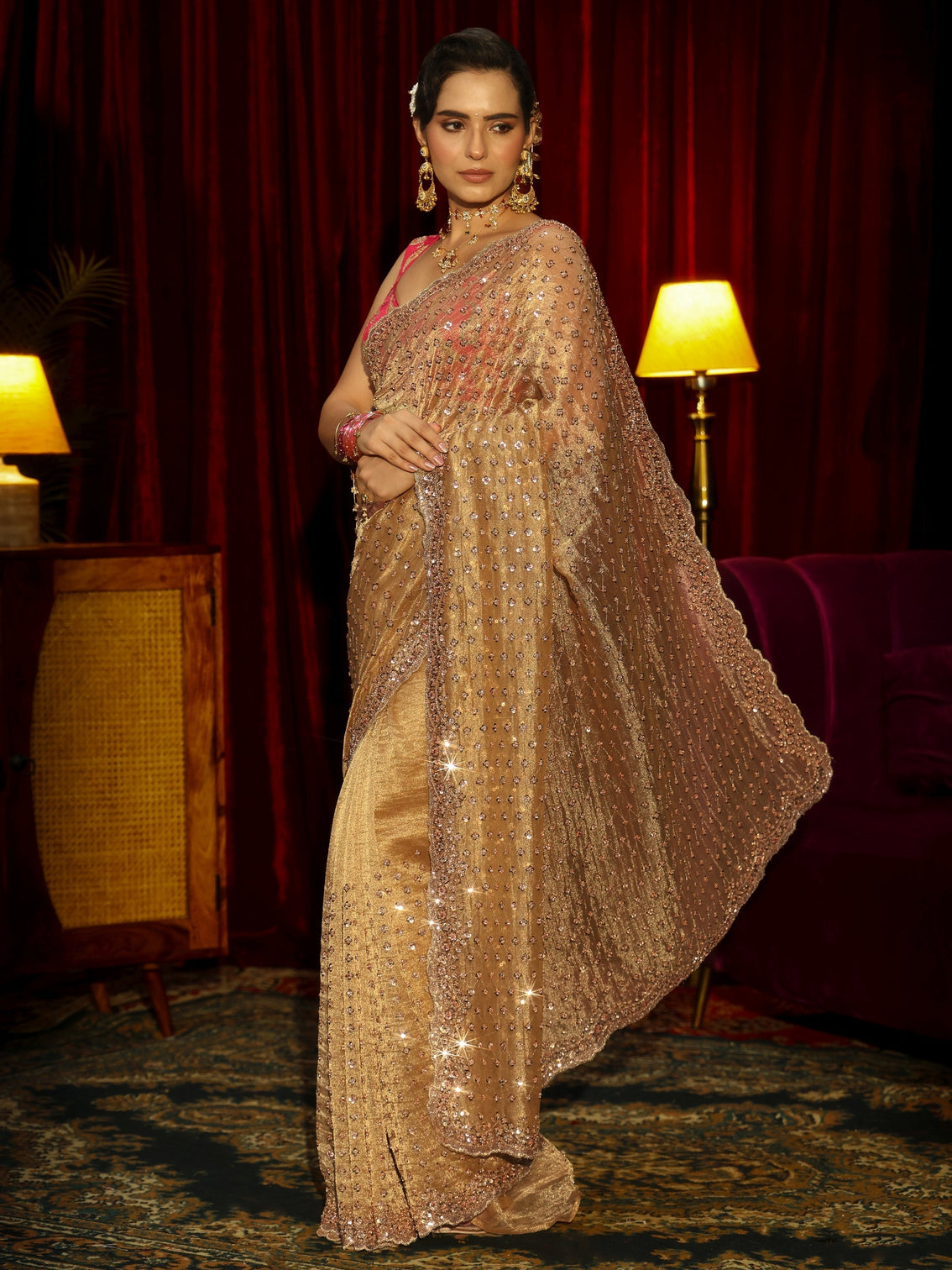 Mameraa Art Mustard Floral Embellished Tissue Saree