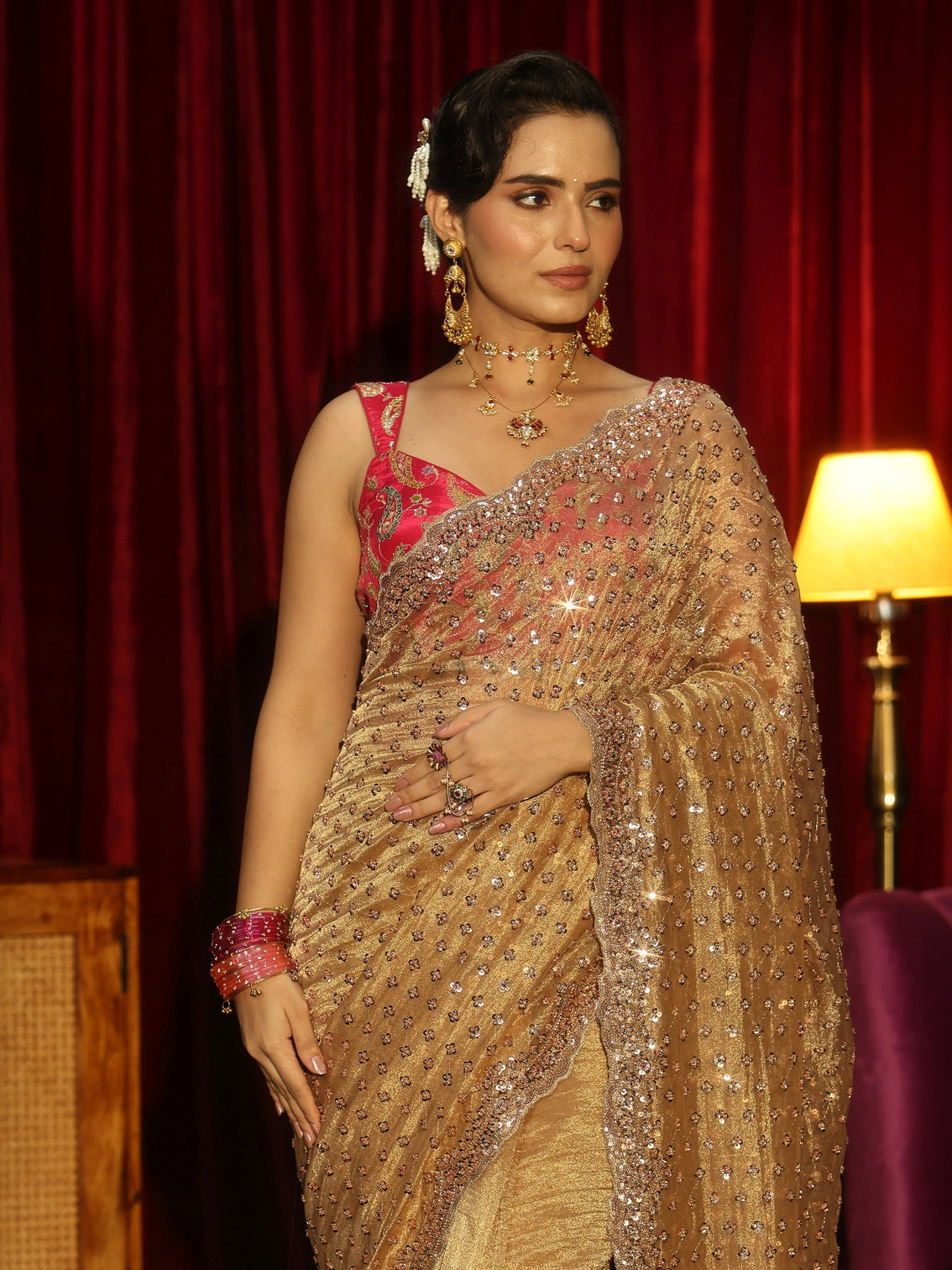 Mameraa Art Mustard Floral Embellished Tissue Saree