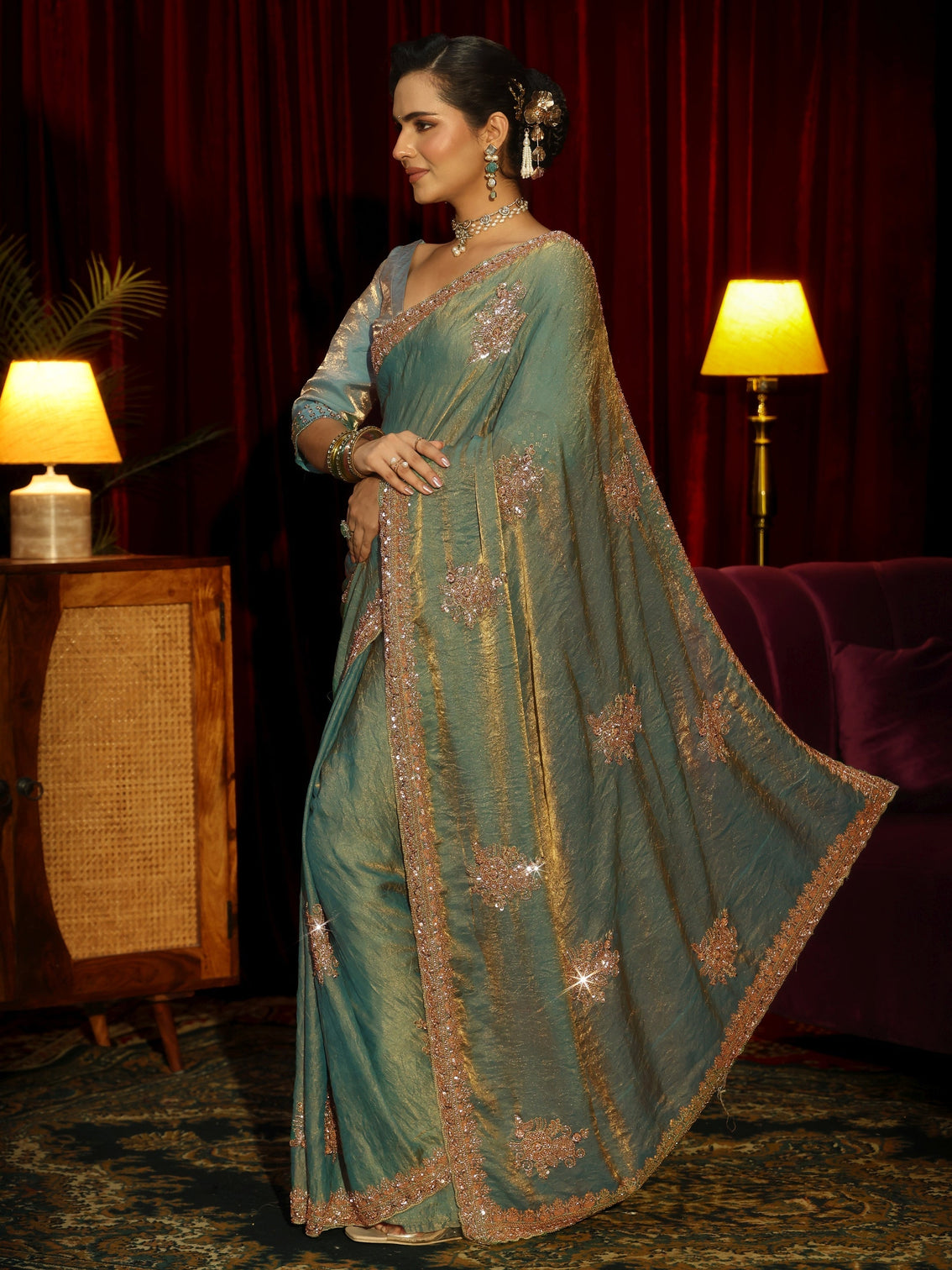 Mameraa Art Green Floral Embellished Tissue Saree