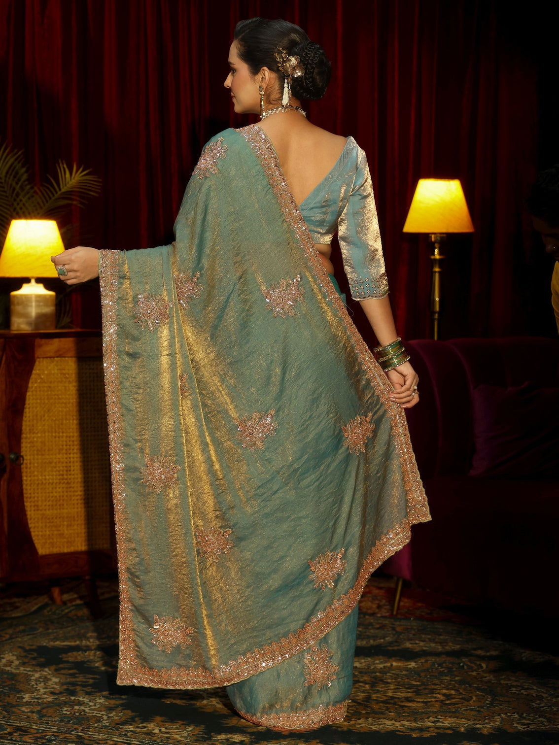 Mameraa Art Green Floral Embellished Tissue Saree